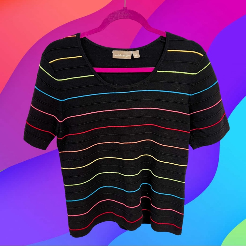 Vintage Croft & Barrow rainbow stripes black knit shirt
